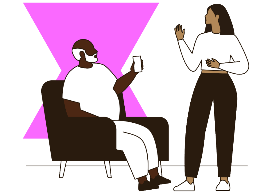 Living room illustration with a pink shaped background