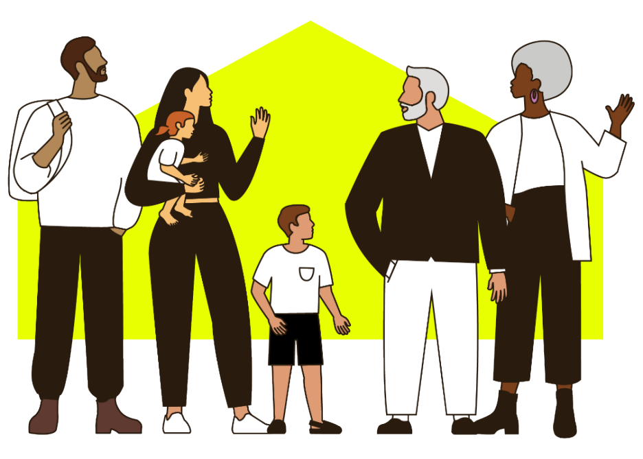 Family illustration with a yellow shaped background
