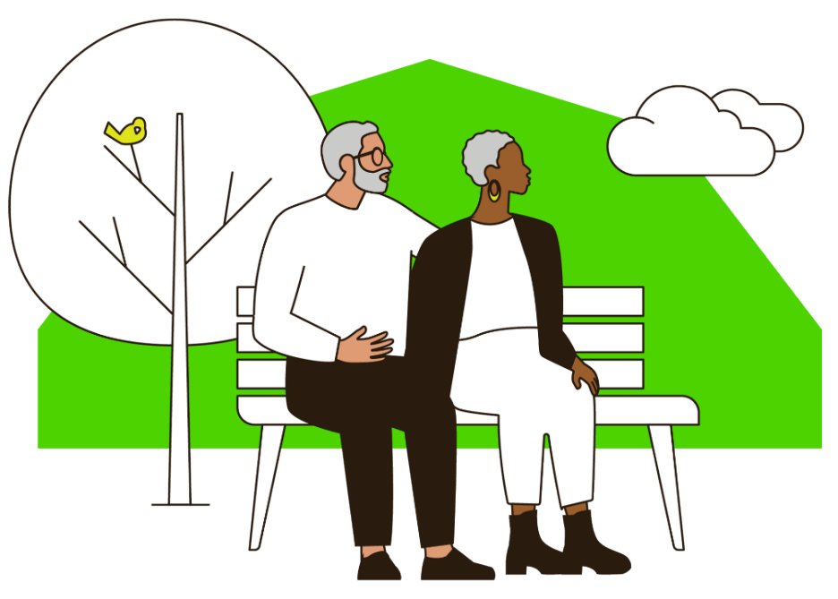 Couple on a bench illustration with a green shaped background